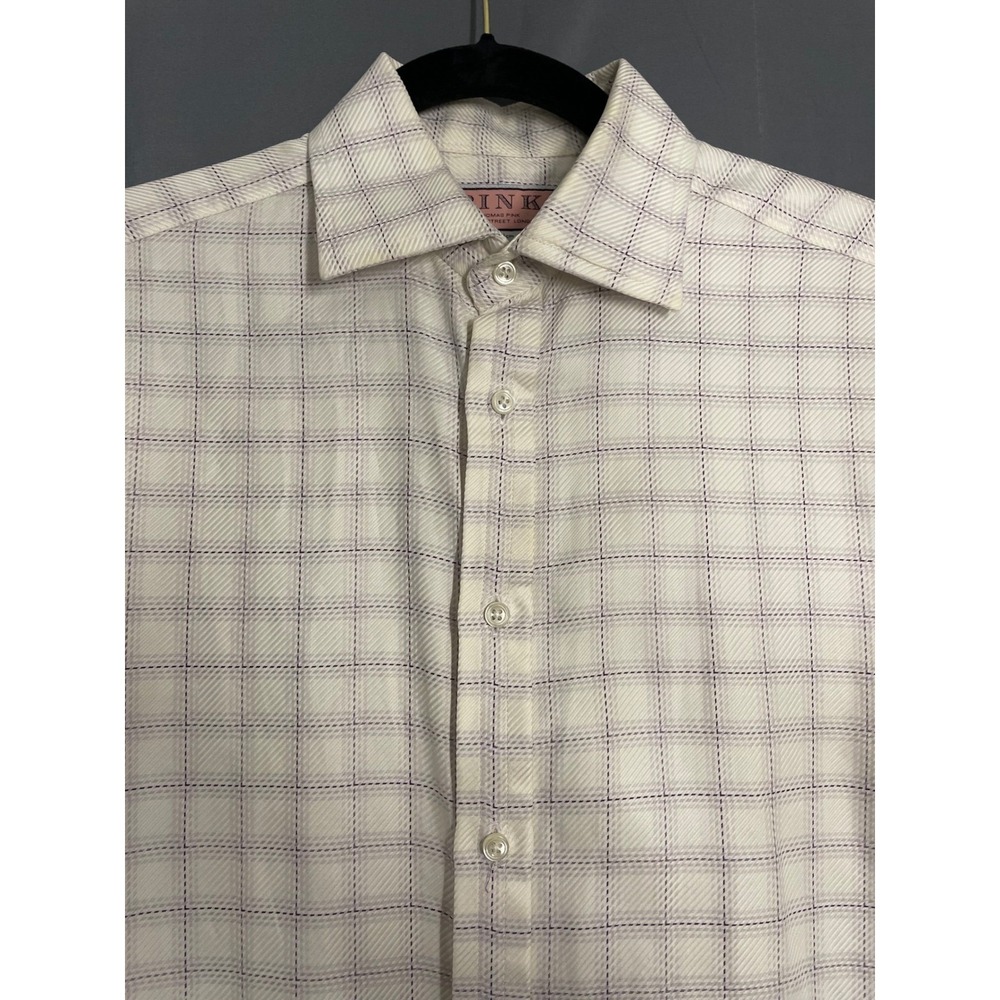 Thomas Pink Mens Cream Royal Twill Grid Check French Cuff Dress Shirt Sz 15 33.5 - Picture 3 of 10